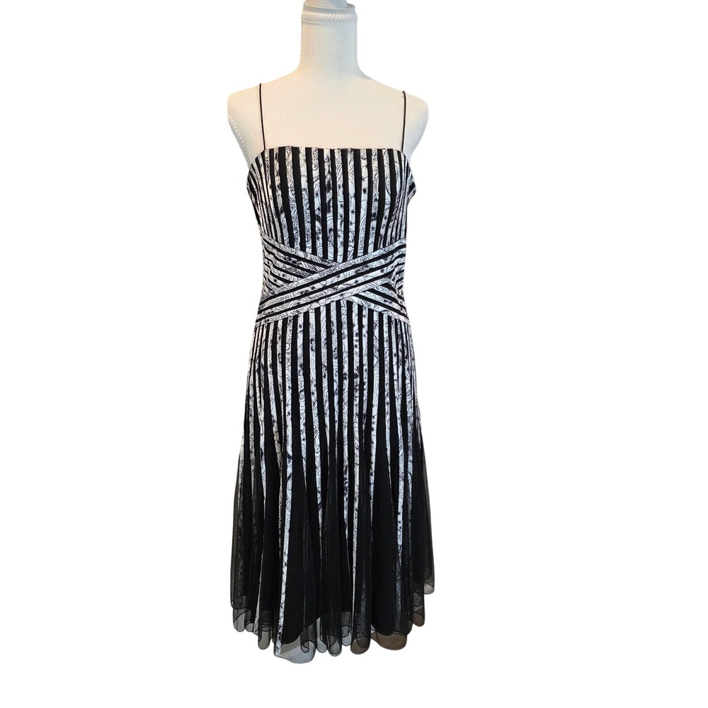JS Collections Womens Black White Striped Cocktail‎ Dress Size 10 Party Dancing
